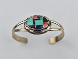 Carolyn Pollack Relios Sterling Silver Multi Stone Inlay Cuff Bracelet Size 6.5